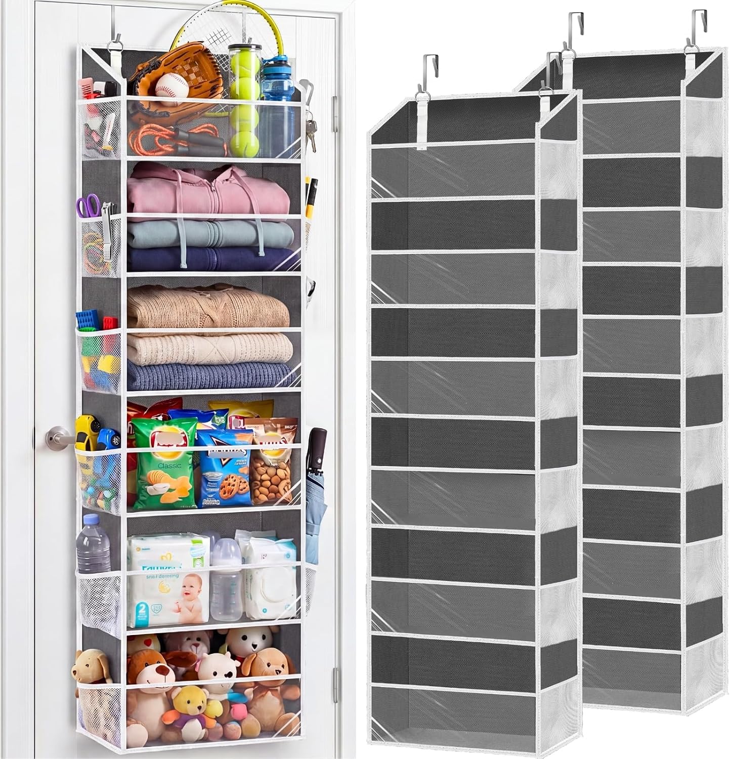 Over The Door Organizer, 5-Tier Extra Large Behind Door Storage with 10 Big Front & 10 Mesh Pockets, 80lb Capacity, Hanging Storage Organizer with Clear Window Kids Toys, Shoes, Diapers, Light Grey