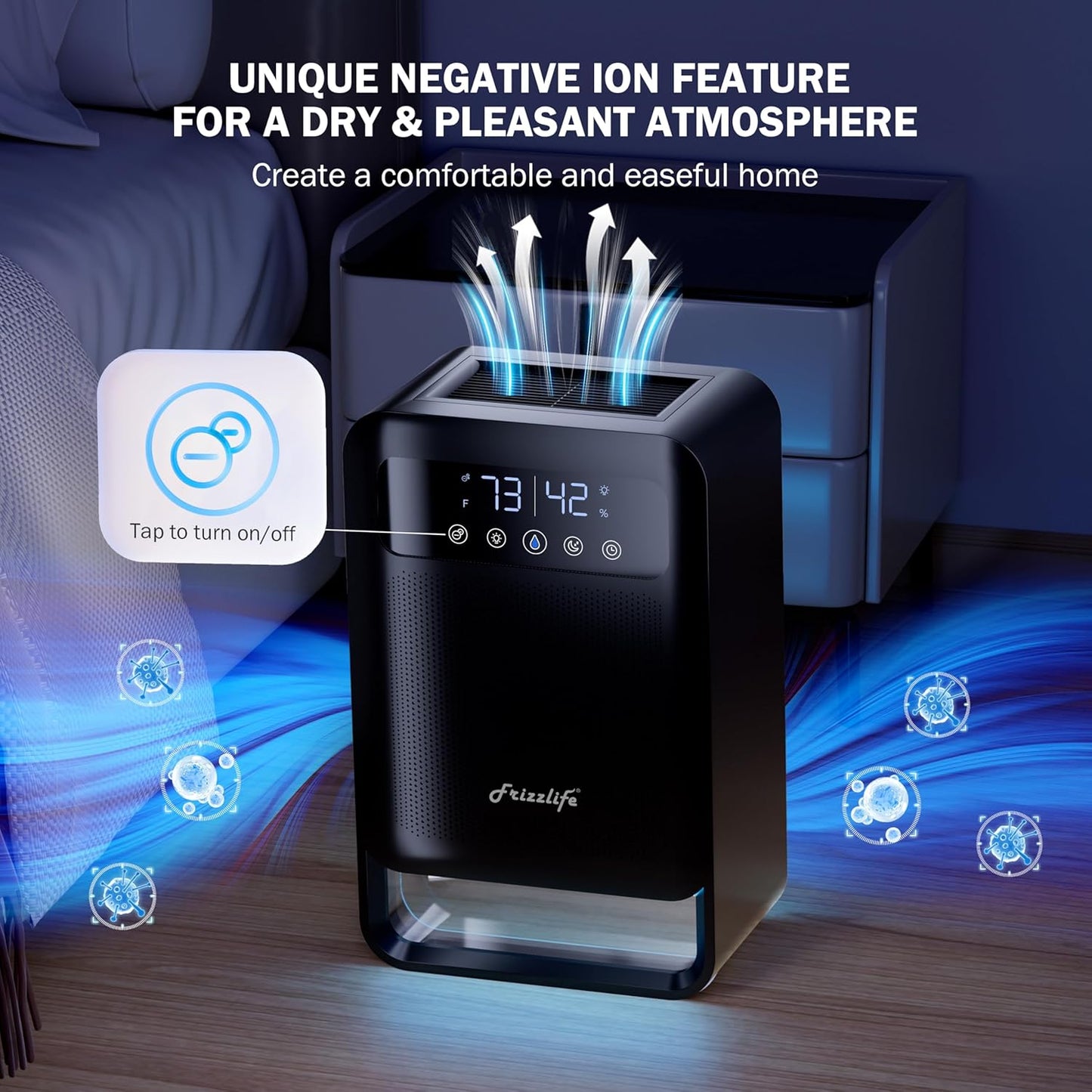 Frizzlife DH80 Air Dehumidifier, 135oz Water Tank W/Purifying Function, Quiet Small Dehumidifiers With Sleep Mode For Home, Bedroom, Bathroom, Basement W/Auto Shut Off, 7 Colors LED Light, White