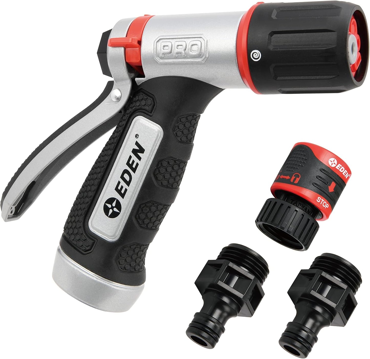 Eden PRO 94834 Metal Front Trigger 4-Pattern Turbo Nozzle | Heavy-Duty Hose Sprayer for Garden, Lawn, Plants, Outdoor Cleaning, Durable Aluminum Core, Quick Connect Set Included