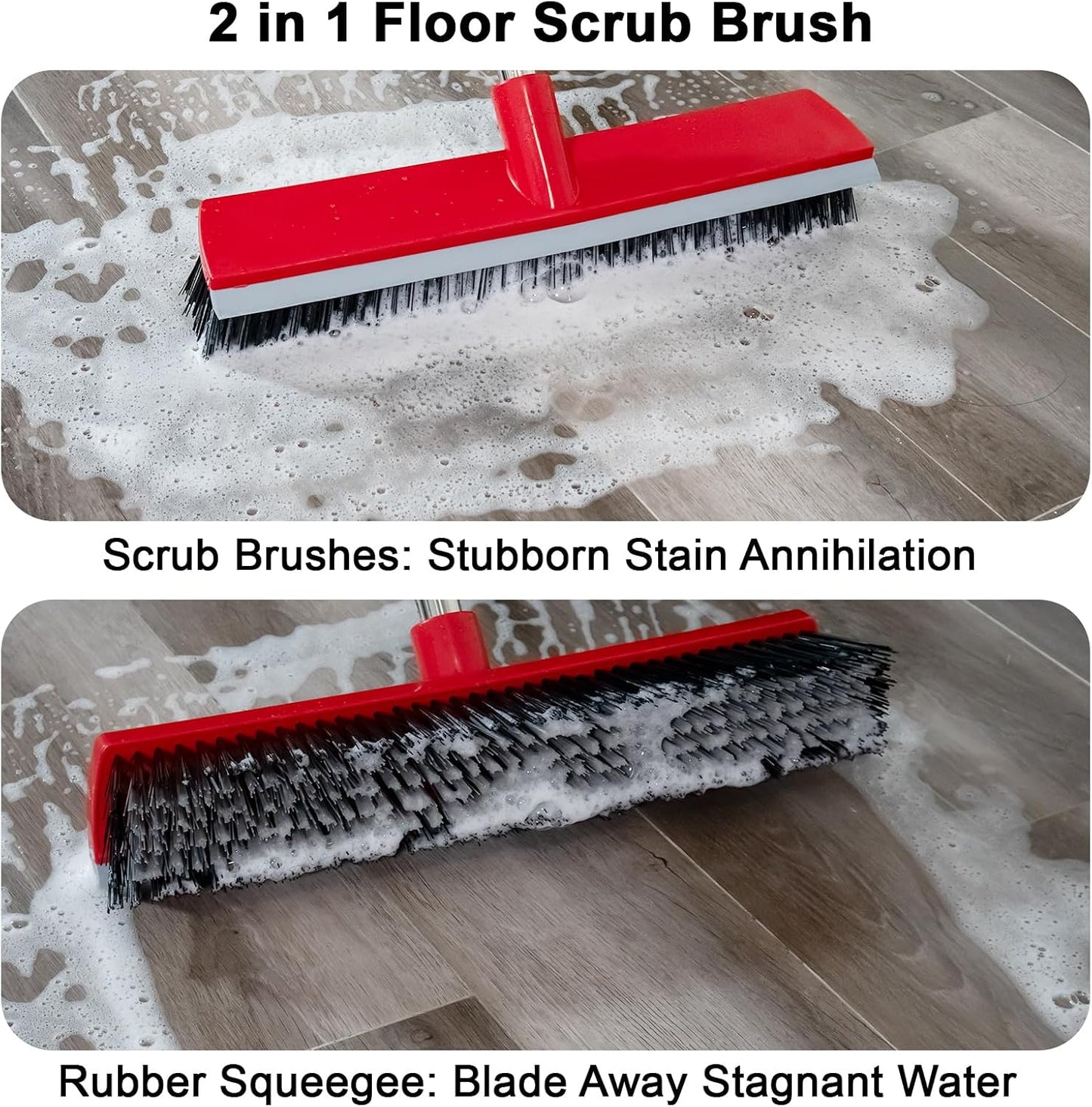 15.7 Inch Floor Scrub Brush Removable Stainless Steel Handle 2 in 1 Scrape Brush Stiff Bristle Shower Scrubber for Cleaning Patio Bathroom Garage Kitchen Wall Deck Tub Tile 52.4 inch Tall