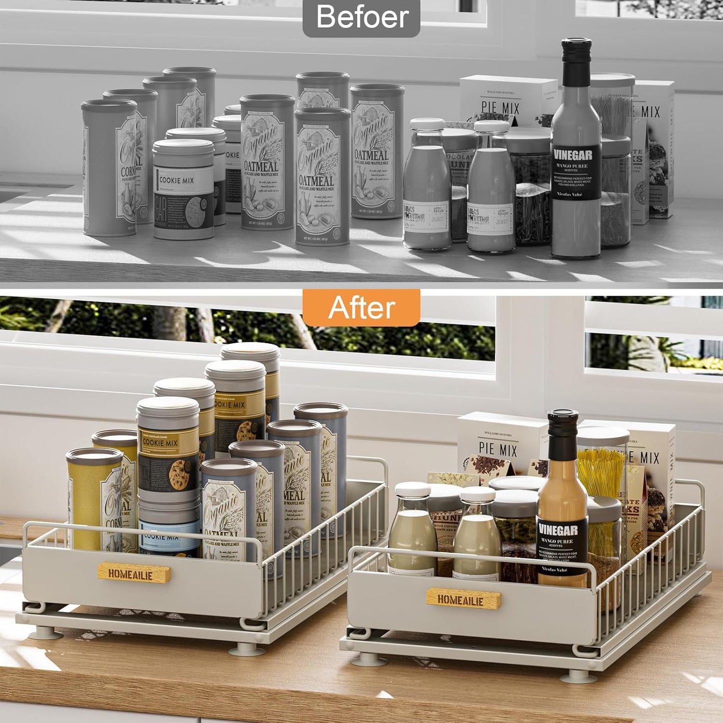 2 Pack Under Sink Organizer with Ball Bearing Sliding Drawer, Heavy Duty Pull Out Cabinet Organizer, 2 Tier Adjustable Storage Rack for Kitchen Bathroom, Space Saving Design, White