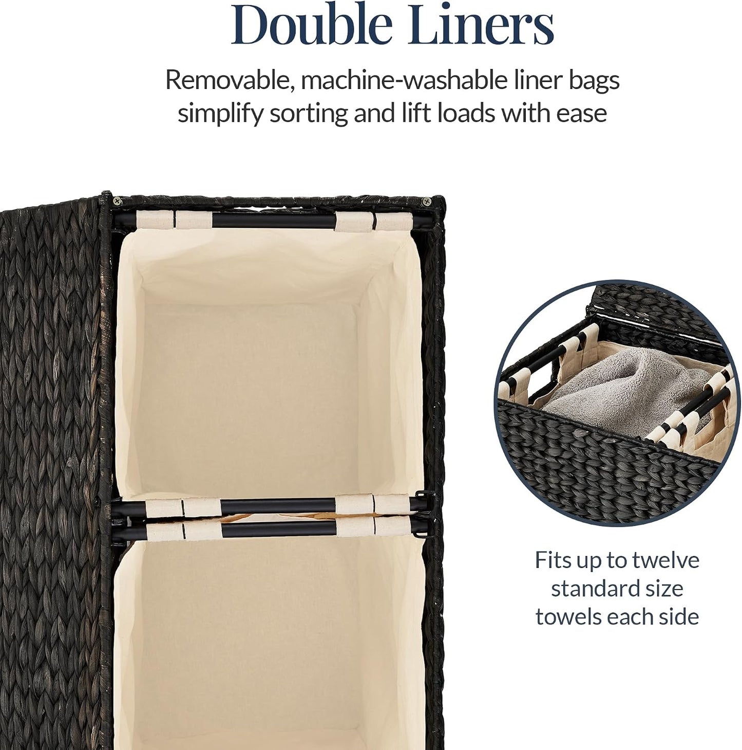 Best Choice Products Large Double Laundry Hamper with Lid, Natural Handwoven Water Hyacinth, 2 Sections w/ 2 Machine Washable Linen Liner Bags, Portable, Handles - Natural