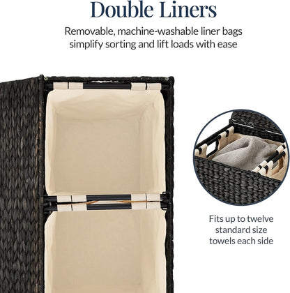 Best Choice Products Large Double Laundry Hamper with Lid, Natural Handwoven Water Hyacinth, 2 Sections w/ 2 Machine Washable Linen Liner Bags, Portable, Handles - Natural