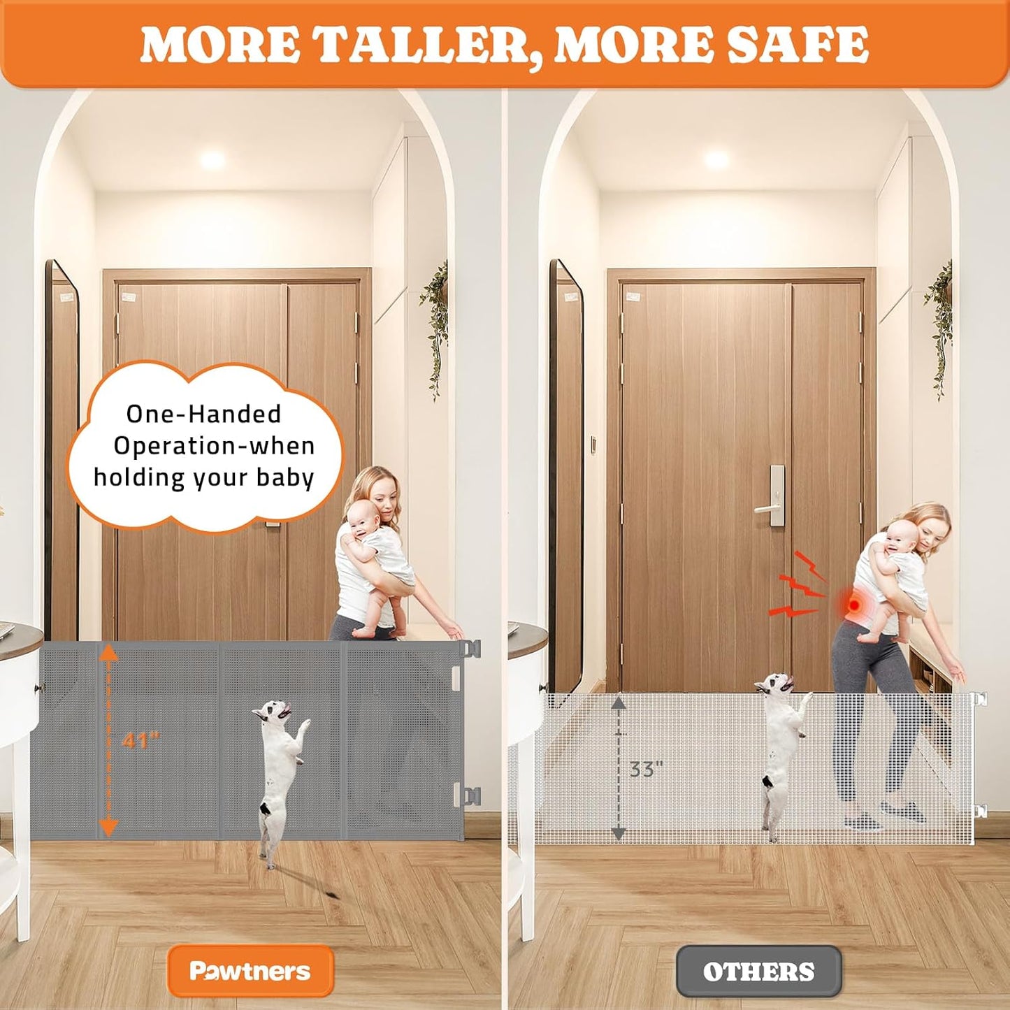 Pawtners Retractable Baby Gates Extra Wide, 41" Tall Extends up to 71" Wide, Dog Gate Indoor for Stairs, Pet Gate with Support Rods for Doorways Hallways Indoor & Outdoor-Black