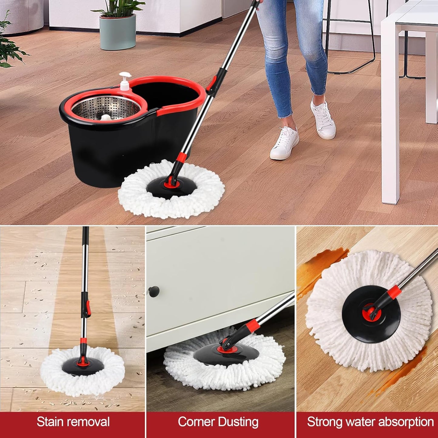 Spin Mop and Bucket with Wringer Set, 360° Spinning Mop Bucket System with 3 Microfiber Mop Replacement Heads, Adjustable Handle for Floor Cleaning (Green)