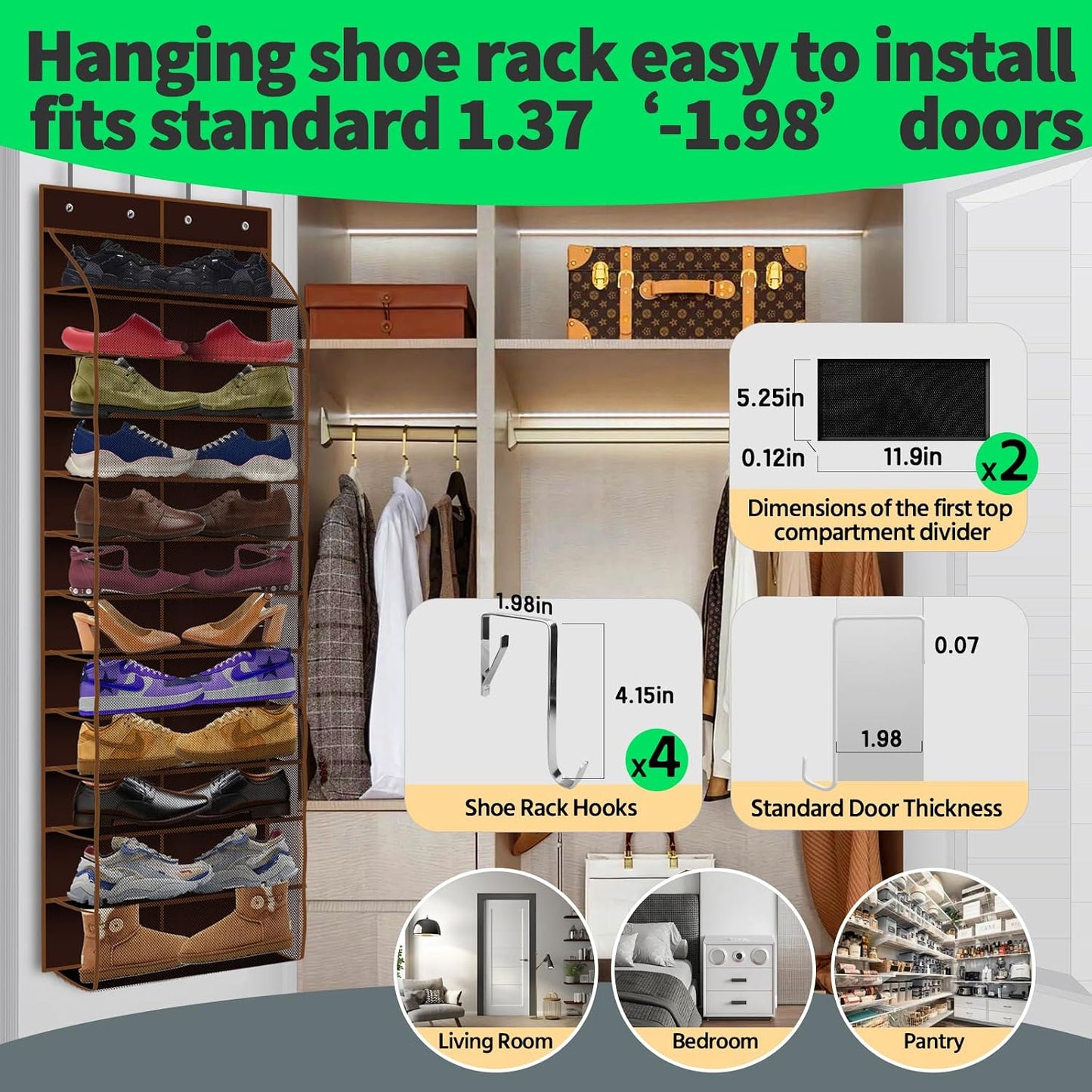 PAULONE 12 Pocket Over the Door Shoe Organizer,Reusable Breathable Large Mesh Bag Men's & Women's Sneaker Organizer,Shoe Organizer for Kids,Hanging Shoe Storage Hanging Bag (White)
