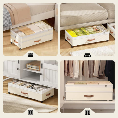 Yecaye 90L Under Bed Storage with Wheels, 8 in-11 in Height Adjustable Under Bed Storage Containers, Under Bed Shoe Storage with Lids & Label, Rolling Underbed Storage bins for Clothes, Toys, Grey