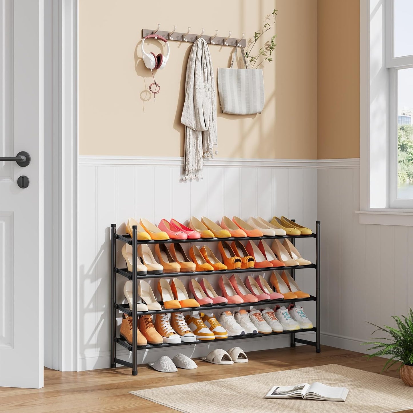 Tajsoon Expandable Shoe Rack for Closet 3 Tier, 28“-41“Adjustable & Stackable Shoe Shelf Storage, Metal Shoe Rack Organizer for Front Door Entrance, Closet, Garage, Entryway, Black