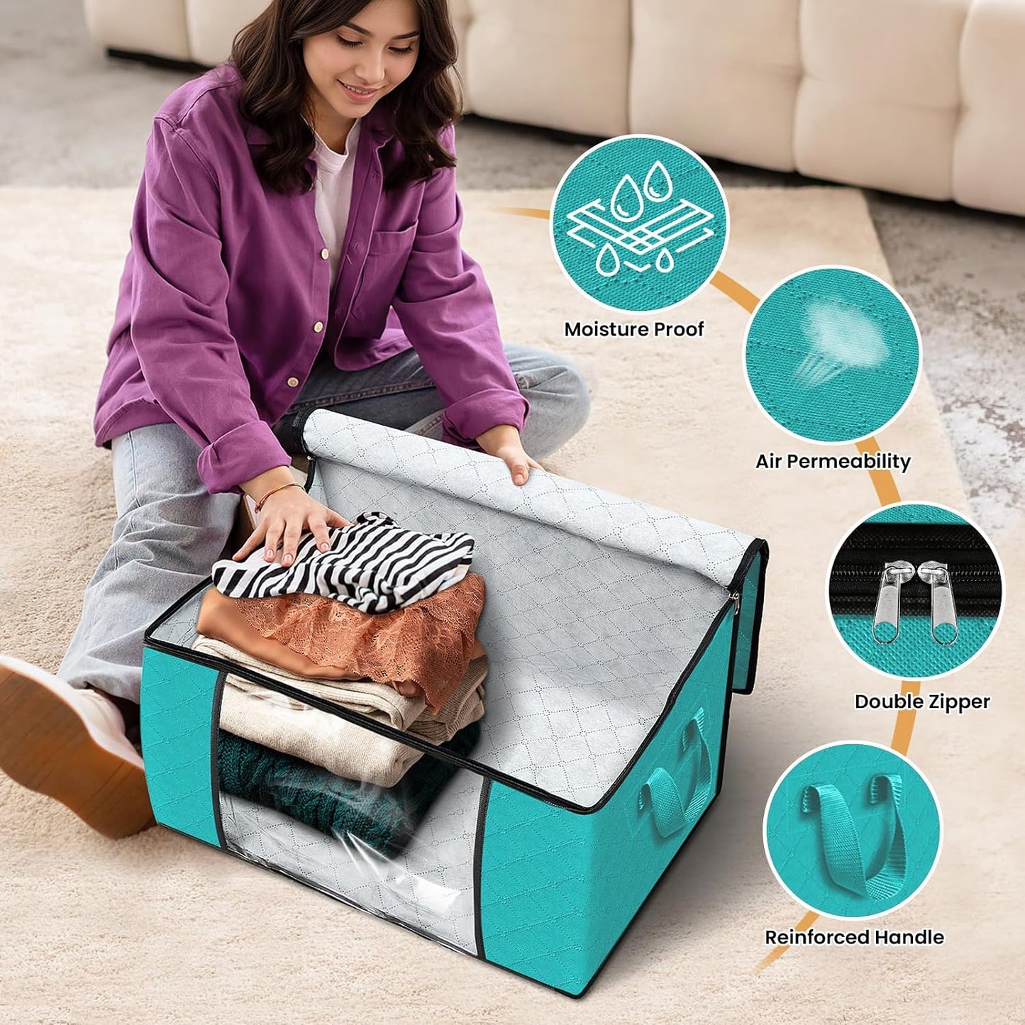 Fab totes 6 Pack Storage Bags for Clothes and Blanket, Foldable Closet Organizers and Storage with Zippers, Clear Window and Handles, Fabric Storage Bins for Sweater, Comforter, Bedding,Linen Sheets