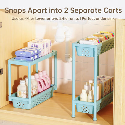 Slim 4 Tier Rolling Storage Cart Narrow Bathroom Organizer on Wheels Blue | 6.7" wide for tight bathroom/kitchen gaps, extra-tall tier, 360° casters, quick-dry shelves, tool-free storage rack