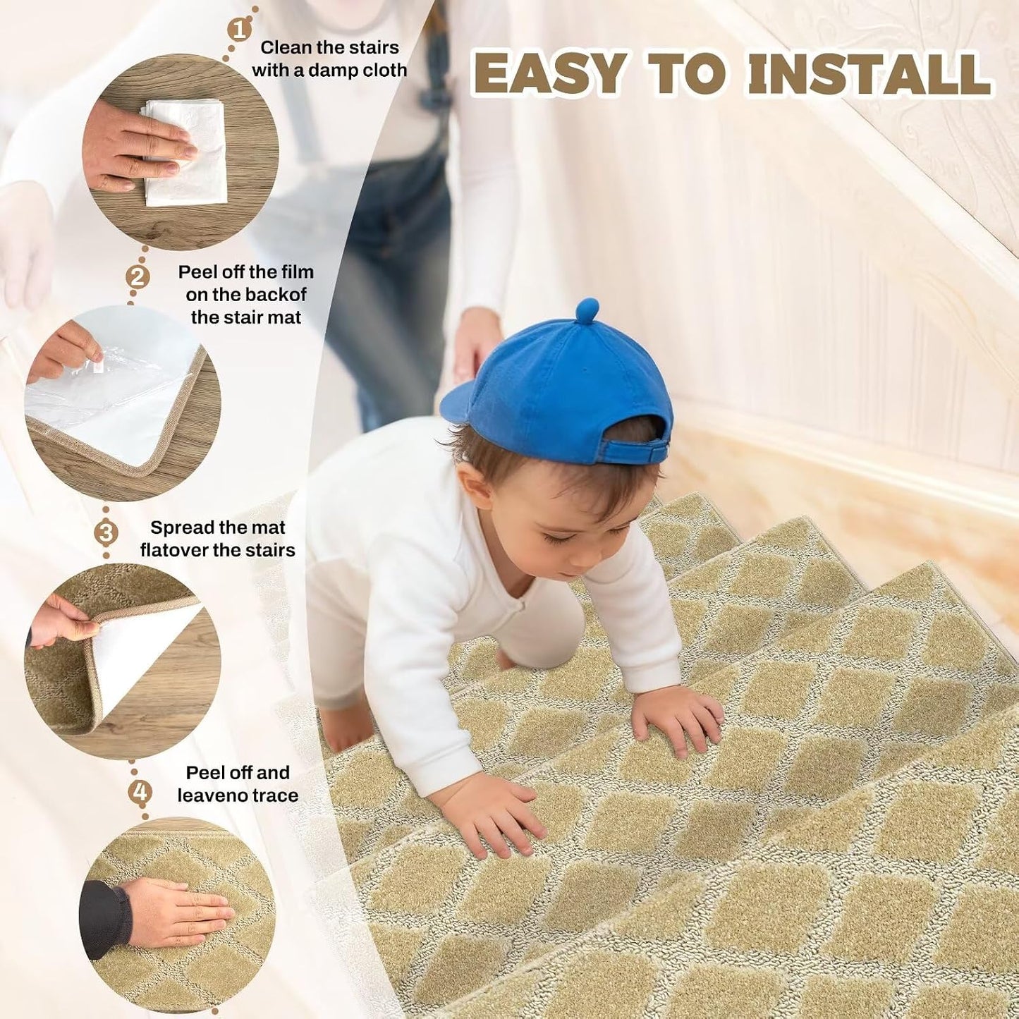 DEXDE Bullnose Stair Treads for Wooden Steps Non-Slip Stair Runner, 14 Pcs | Reusable bullnose carpet Stair Treads Indoor, Peel and Stick Stair Rugs with Edge Protection, Soft Washable, 30"x9.5" Grey