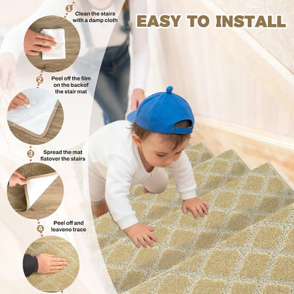 DEXDE Bullnose Stair Treads for Wooden Steps Non-Slip Stair Runner, 14 Pcs | Reusable bullnose carpet Stair Treads Indoor, Peel and Stick Stair Rugs with Edge Protection, Soft Washable, 30"x9.5" Grey