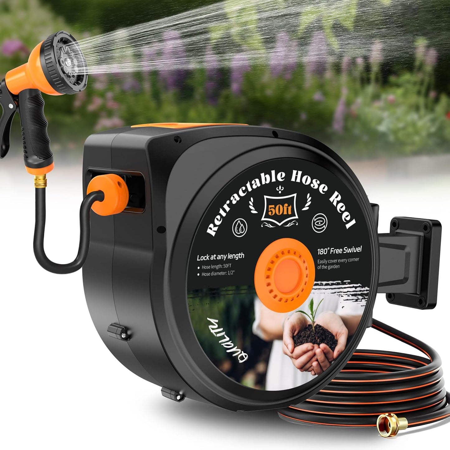 Retractable Garden Hose Reel, 1/2 in x 50 ft Wall Mounted Hose Reel | Anti-freeze 10-Function Sprayer Nozzle Any Length Lock Slow Return System 180°Swivel Bracke for Large Yard Lawn Car Washing
