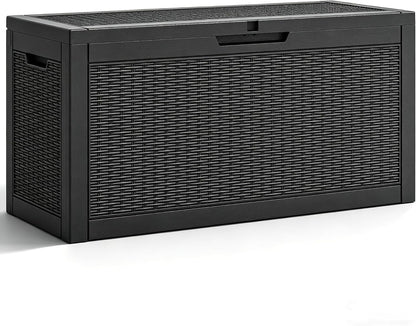 Fancyango 75 Gallon Outdoor Deck Box Waterproof, Large Storage Box for Patio, Resin Storage Bench Lockable for Garden Tools, Package Delivery, Black