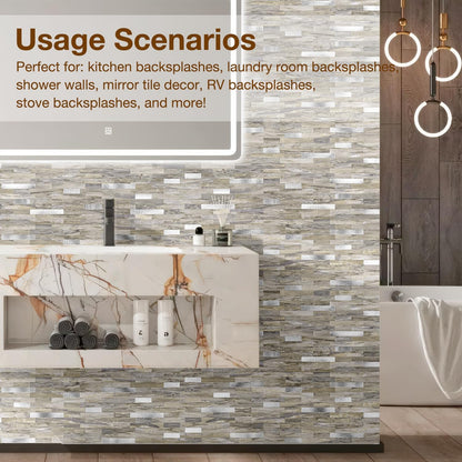 Peel and Stick Backsplash Tile Waterproof Removable PVC Wall Sticker 3D Faux Stone Marble Brick White Accent Panels (White Marble - Metal Silver, 20 Tiles - 9 sq. ft. (0.84 M²))