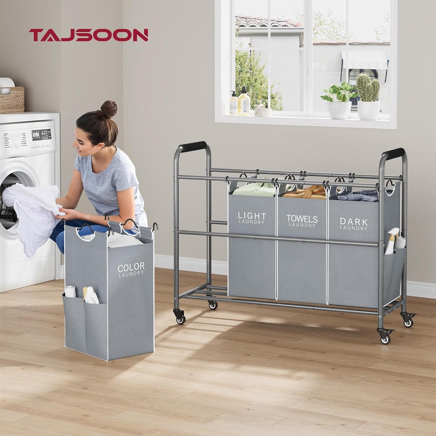 Tajsoon 4 Bag Laundry Sorter Cart, 4 Section Laundry Hamper Sorter with Heavy Duty Lockable Rolling Wheels, Laundry Separator Hamper with Removable Bags for Dirty Clothes Storage, Black