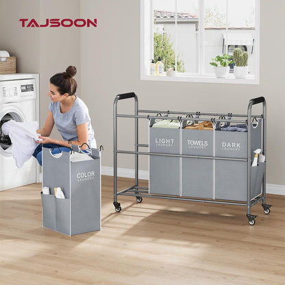 Tajsoon 4 Bag Laundry Sorter Cart, 4 Section Laundry Hamper Sorter with Heavy Duty Lockable Rolling Wheels, Laundry Separator Hamper with Removable Bags for Dirty Clothes Storage, Black