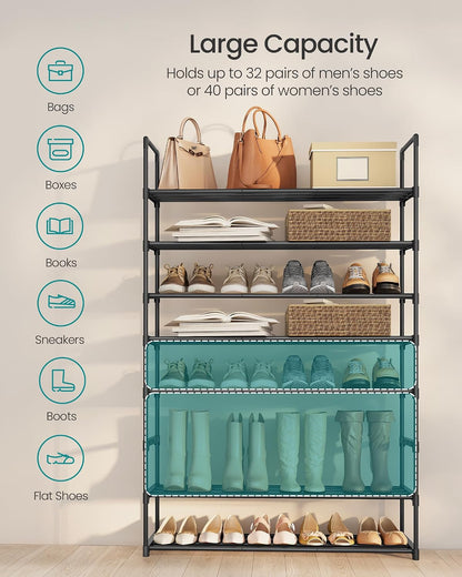 SONGMICS Shoe Rack, 6-Tier Shoe Organizer, Metal Storage Shelf, Upright or Upside Down, for 24-30 Pairs, Stackable, for Entryway, 11.8 x 36.2 x 42.7 Inches, Black ULSA306BH01