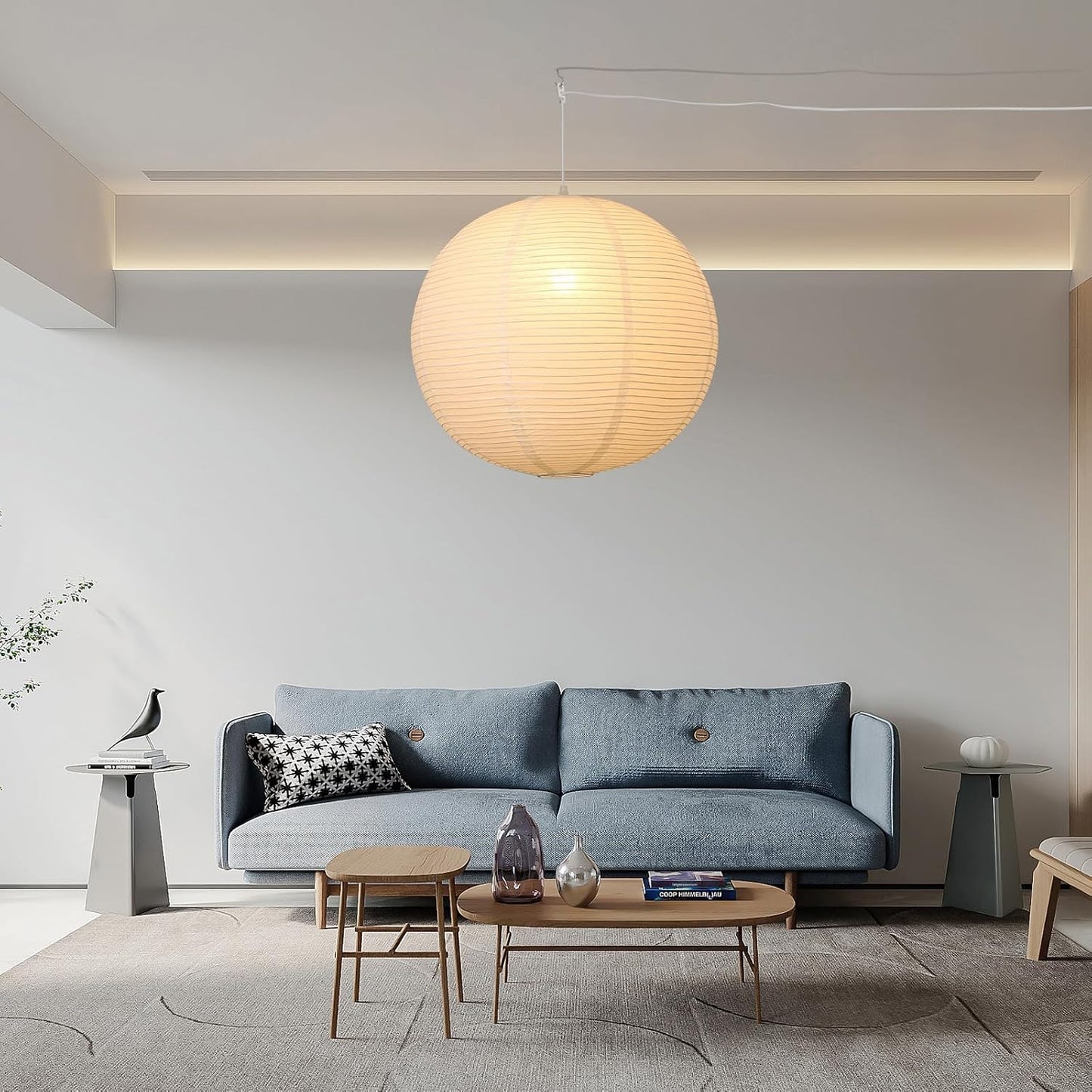 Paper Lantern Lamp Plug in Hanging Lamp 23.6in Off-White Rice Paper Pendant Light with 19.7FT Cord Large Globe Japanese Japandi Wabi Sabi Chandelier for Dining Living Room Bedroom 1 Pack