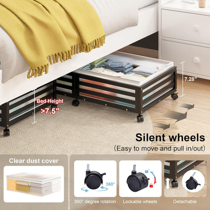 Under Bed Storage Containers With Wheels - 2 Pcs Bamboo Wood Rolling Underbed Shoe Storage Bins With Dust Bags for Clothes Blankets, Duvet Covers Snacks Toys (Natural)