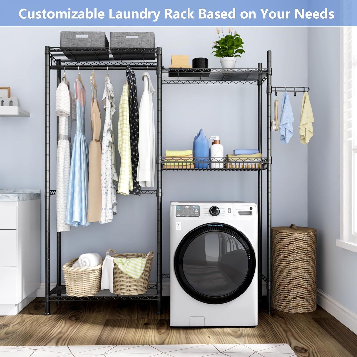 Golpart Over Washer and Dryer Shelves,Heavy Duty Laundry Room Storage Organization Clothes Drying Rack,5 Tier Adjustable Height Wire Shelving and Wire Basket with Hanger Rod&Hook,Space Saving Shelf