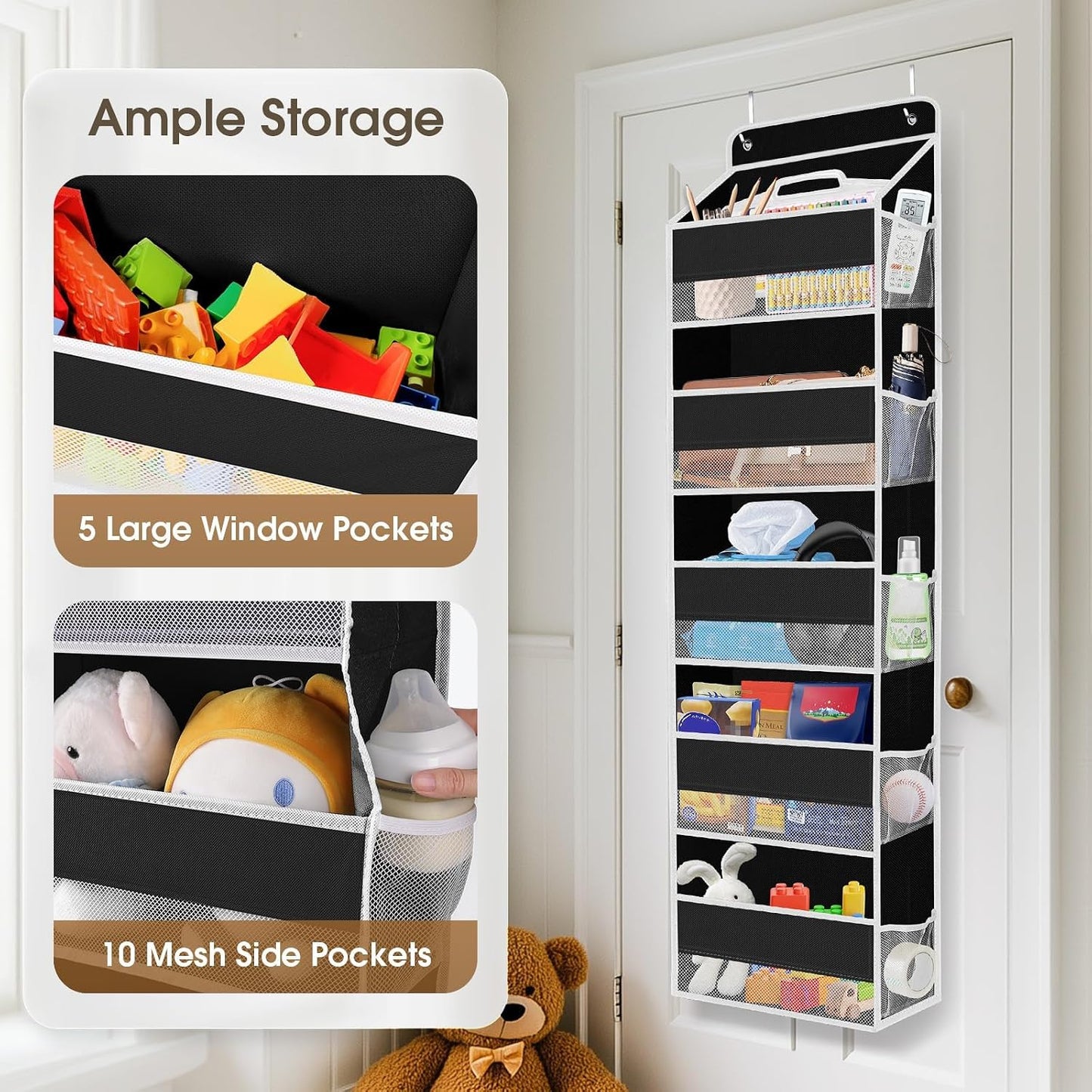 SpaceHacks 1 Pack Over The Door Organizer, Hanging Storage Organizer with Clear Window, 40lb Ultra Sturdy Large Capacity Room Organizer for Pantry Laundry Bathroom Nursery Closet Baby Essential (Grey)