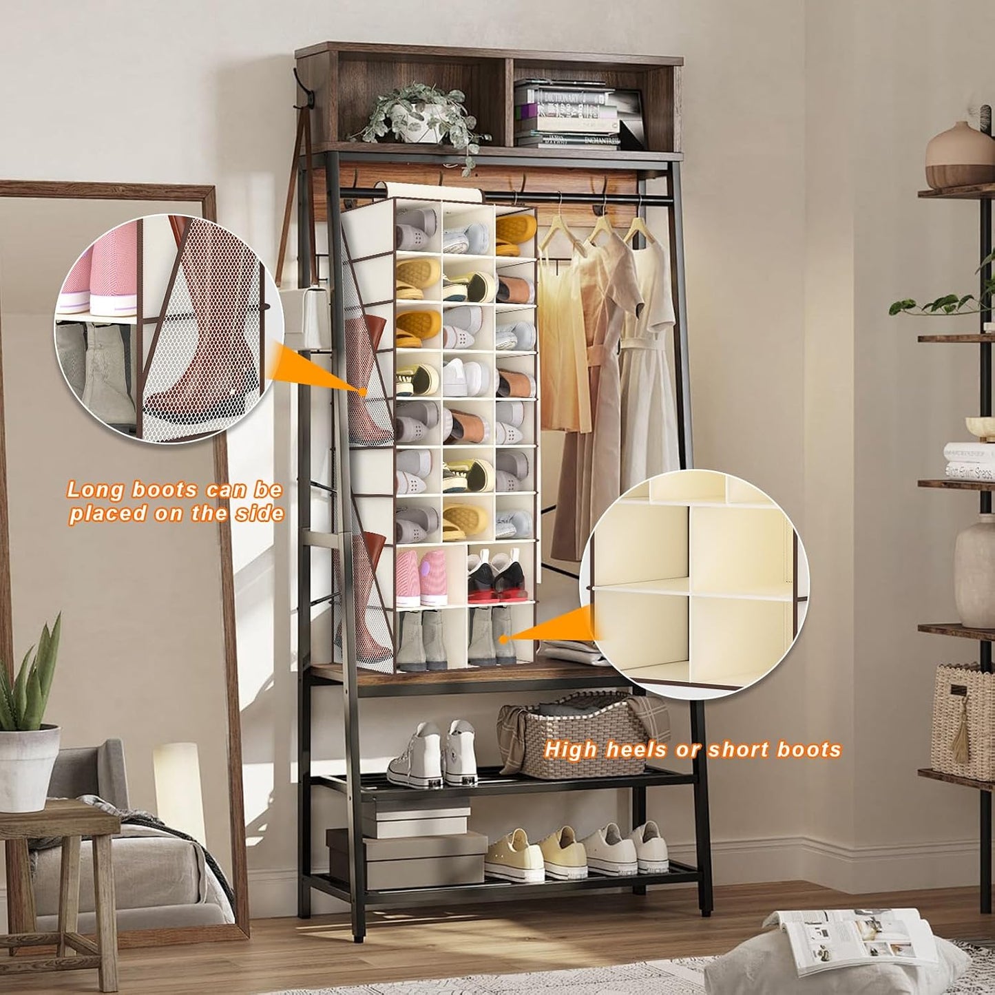 Hanging Shoe Organizer for Closet with 8 Shelves,Mesh Pockets-Wider Hanging Shelves for Shoes,Clothes,Hats with Sturdy Bamboo-Supported Design (Beige)