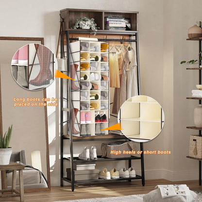Hanging Shoe Organizer for Closet with 8 Shelves,Mesh Pockets-Wider Hanging Shelves for Shoes,Clothes,Hats with Sturdy Bamboo-Supported Design (Beige)