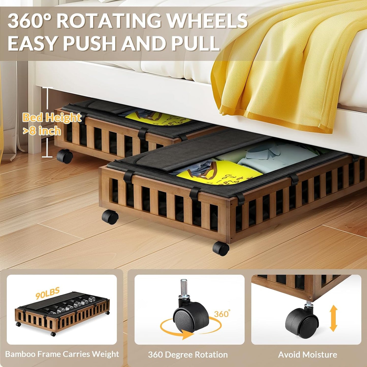 Gashell 2 Pack Bamboo Under Bed Storage with Wheels, 39”x20”x7.8” Lager Under Bed Storage Containers (Brown)