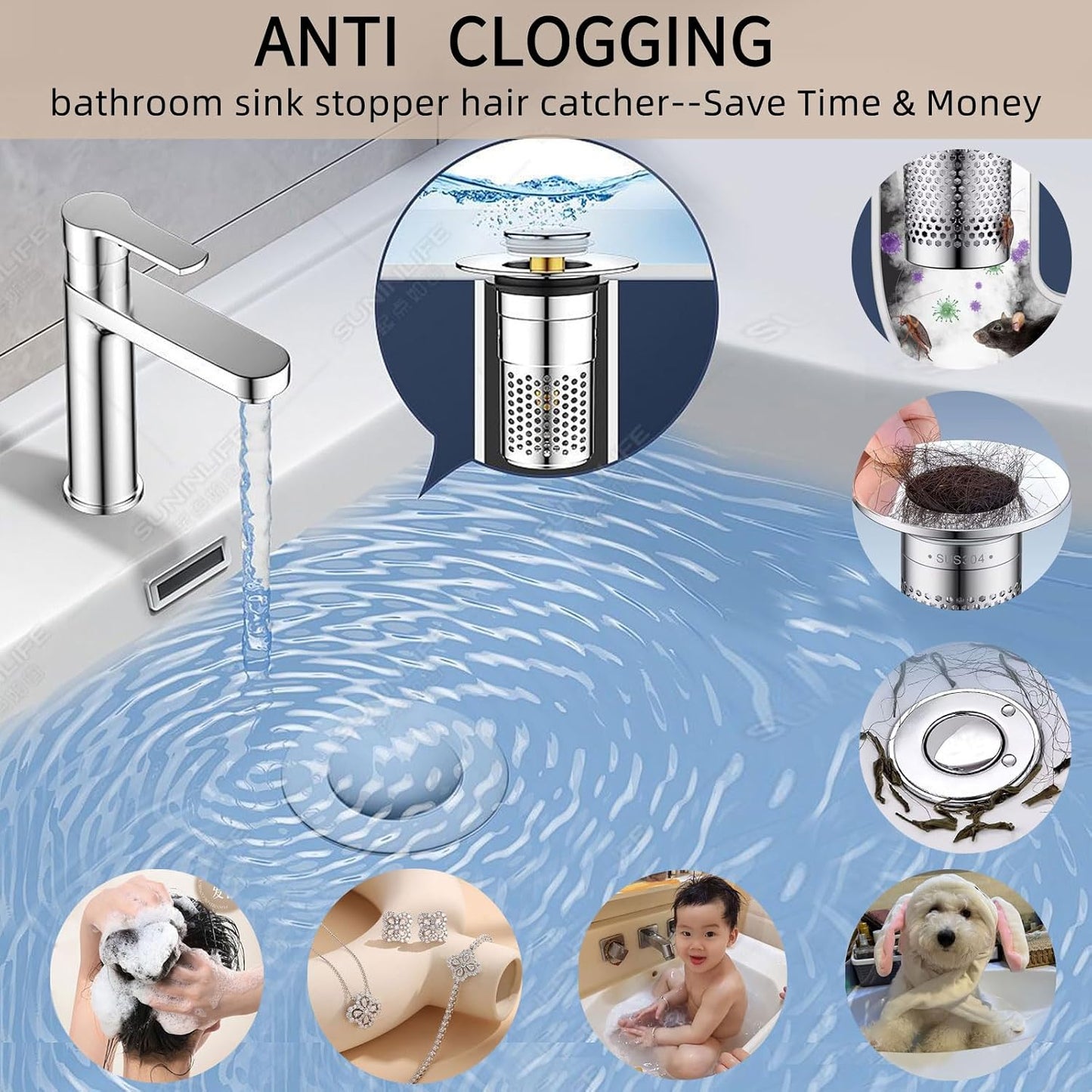 2 PCS 3-in-1 Bathroom Sink Drain Strainer Stopper，Stainless Steel Pop-up Strainer Basket Hair Catcher with Removable Basket, Brass Bullet Core, Universal Fit for Bathtubs, Showers & Floor Drains