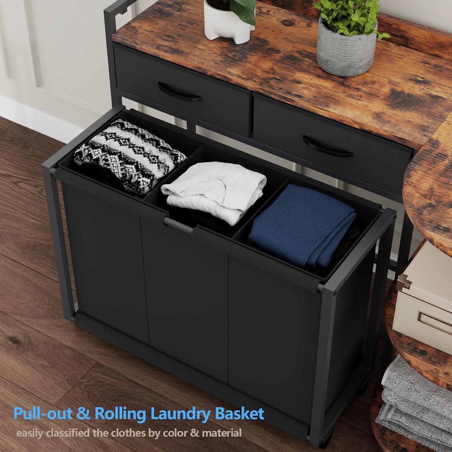 STIKELY Laundry Hamper Laundry Basket with 3 Section Pull-Out Rolling Bags, Laundry Sorter for Organization and Storage with 2 Pull-Out Drawers for Laundry Room, Bathroom, Bedroom Use (Rustic Brown)