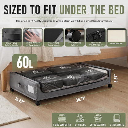 60L Under Bed Storage with Wheels | 2-Pack Rolling Underbed Storage Containers Clear Lids | Includes 6 Travel Bags - Heavy Duty Organizer for Clothes, Shoes, Comforters & Toys-Light Gray