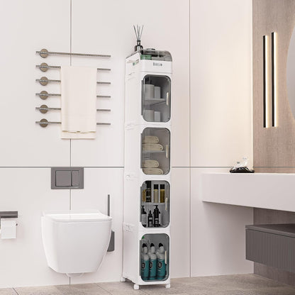 BINSIO 3-Tier Slim Bathroom Storage Cabinet for Toilet Side, Toilet Paper Storage Organizer, Narrow Rolling Bathroom Storage Cabinet with Transparent Doors for Small Space, Foldable Easy Assembly