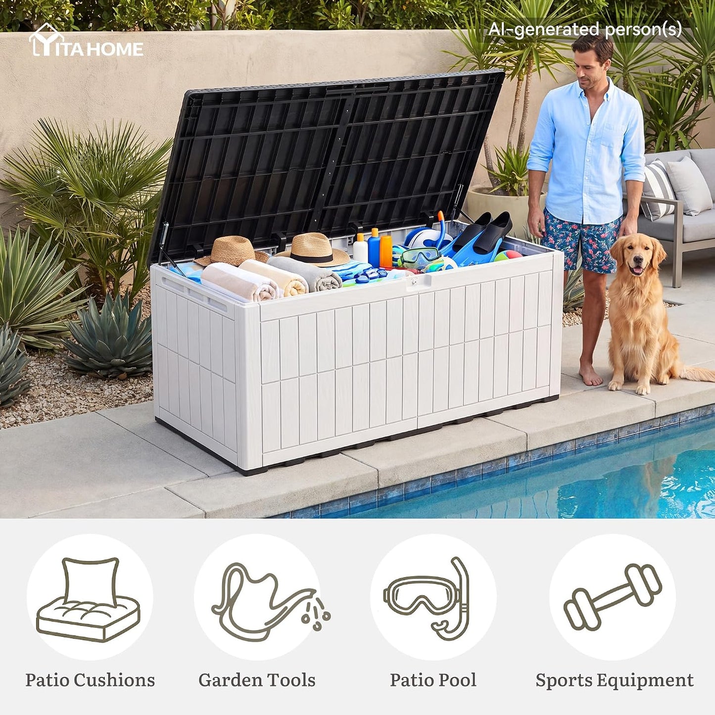 YITAHOME 134 Gallon Large Deck Box | Waterproof Resin Outdoor Storage Box with Lock, Doubles as 2-Person Bench Seating for Patio Furniture Cushions,Garden Tools &