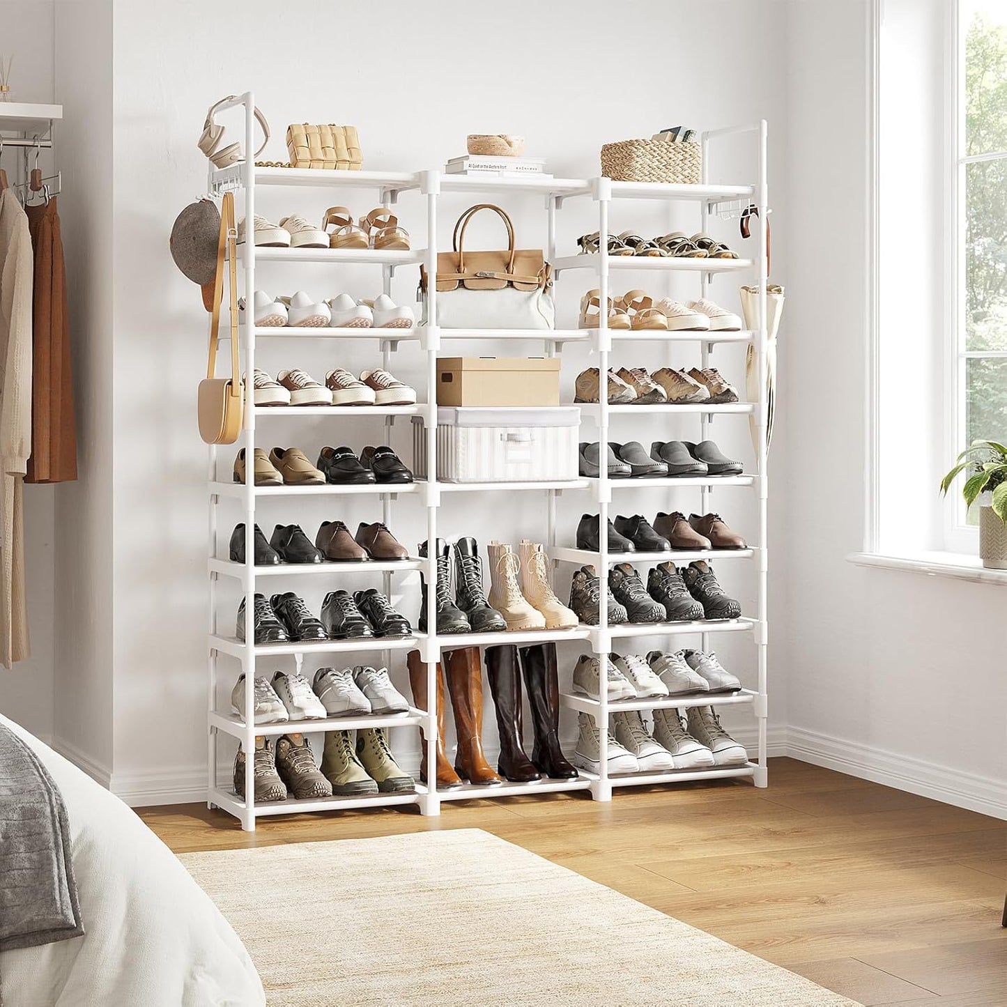 WOWLIVE 9 Tiers Large Shoe Rack Storage Organizer for Closet 50-55 Pairs Shoe Tower Unit Shelf Stackable Shoe Rack with Metal Pipes Plastic Connectors Black(SSS3B9)