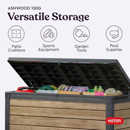 Keter Signature Everwood 30 Gallon Resin Outdoor Storage Box and Patio Furniture Side Table for Pool and Garden Accessories, Walnut