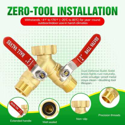 Brass Garden Hose Splitter 2 Way Heavy Duty with Metal Extended Handle | Outdoor Duel Water Hose Splitter, Dual Outdoor Faucet Connector for Lawn, Irrigation & Washing, Dual Hose Adapter