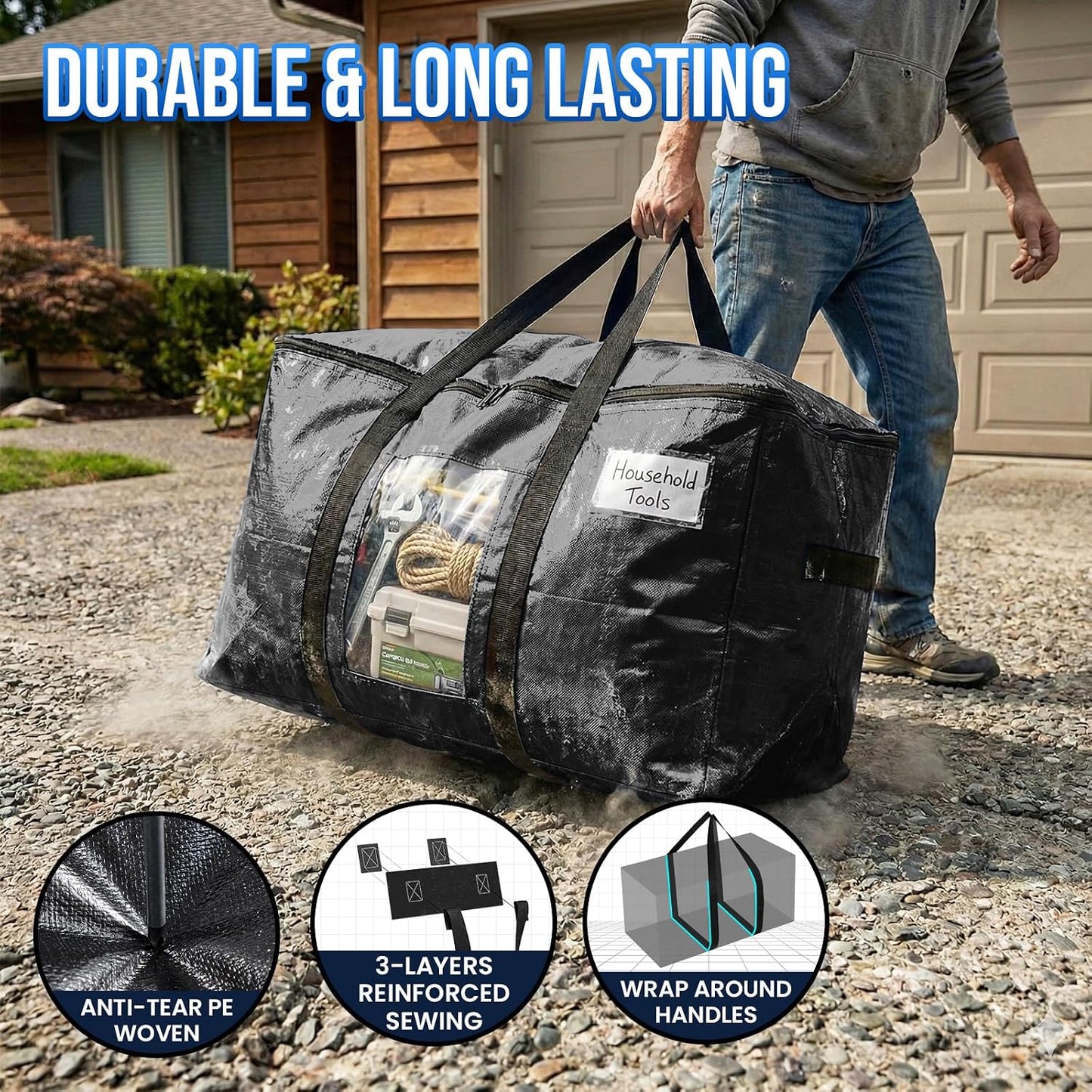 TAILI Extra Large Moving Bags, 4 Pack Blue Heavy Duty Totes For Storage with Visible Window, Wrap Around Handles, Storage Bags for Space Saving, Alternative to Moving Boxes