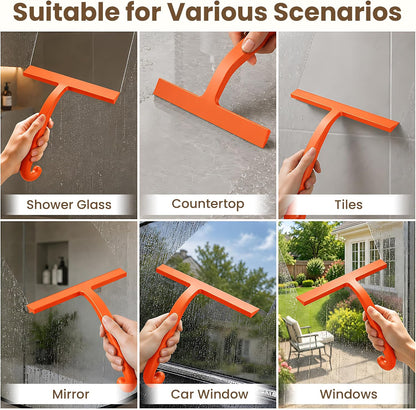Shower Squeegee for Glass Doors - 10 Inch Bathroom Squeegee with Ergonomic Round Grip, Built-in Hook, Streak-Free No-Squeak Silicone Blade for Shower Glass, Tile Walls, Mirrors & Windows, Black