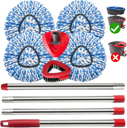 Spin Mop Replace Heads for O Cedar Rinse Clean 2 Tank System, Spin Mop Replacement Head 2 Microfiber Mop Refills, 1 Triangle Head Cover and 30-58in Handle 1 1Scrub Brush