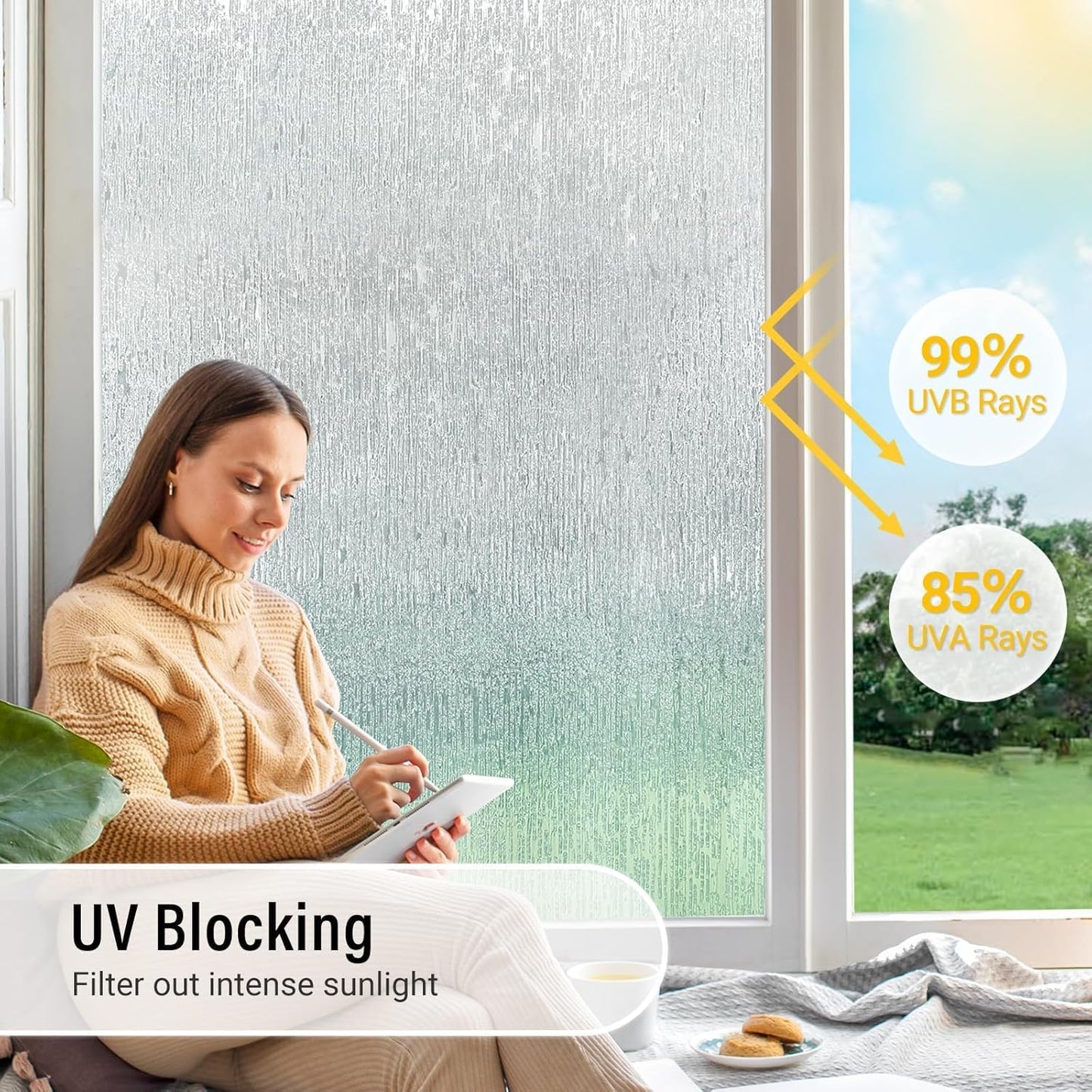 LUTE Reeded Glass Window Privacy Film, Frosted Glass Film, Removable 3D Decorative Decals Sun Blocking Anti UV Door Window Cover, No Glue Static Cling Vinyl for Bathroom Home Office, 17.5" x 78.7"