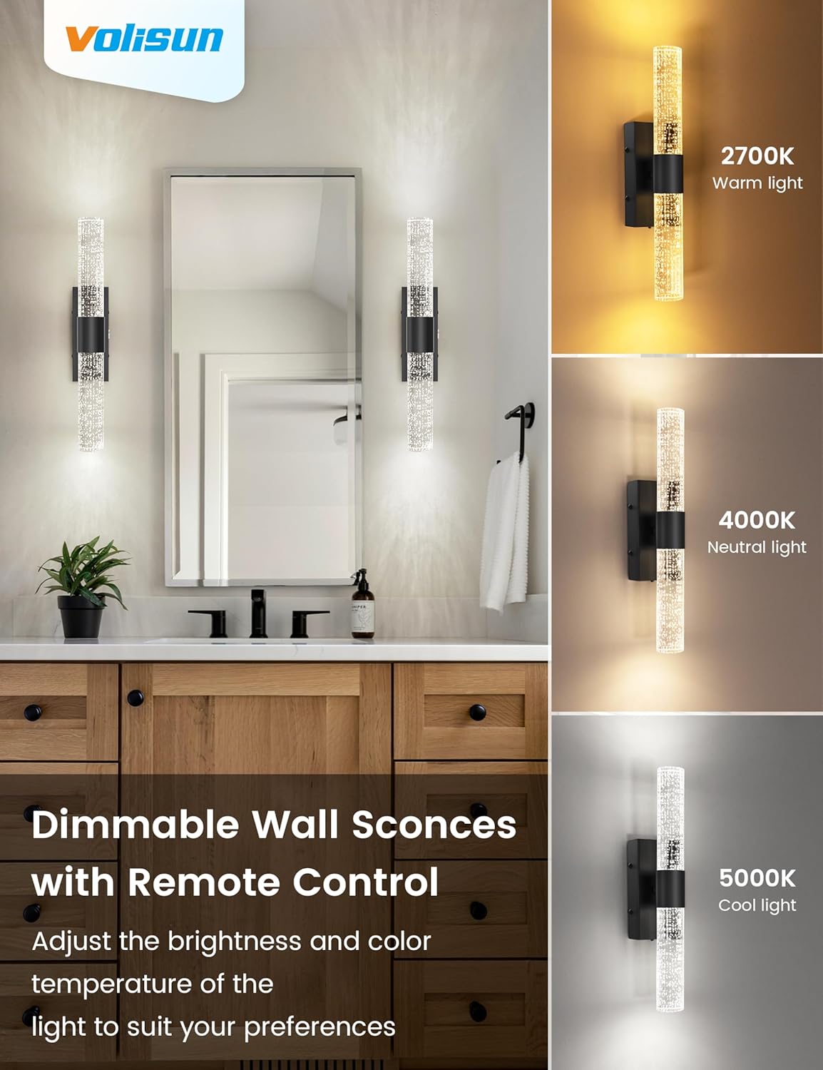 VOLISUN Battery Operated Wall Sconces Set of Two,Gold Sconces Wall Decor Set of 2,Wireless Wall Sconces with Remote,Rechargeable Wall Light for Living Room,Bedroom,Bathroom,Vanity (15.3 inch)