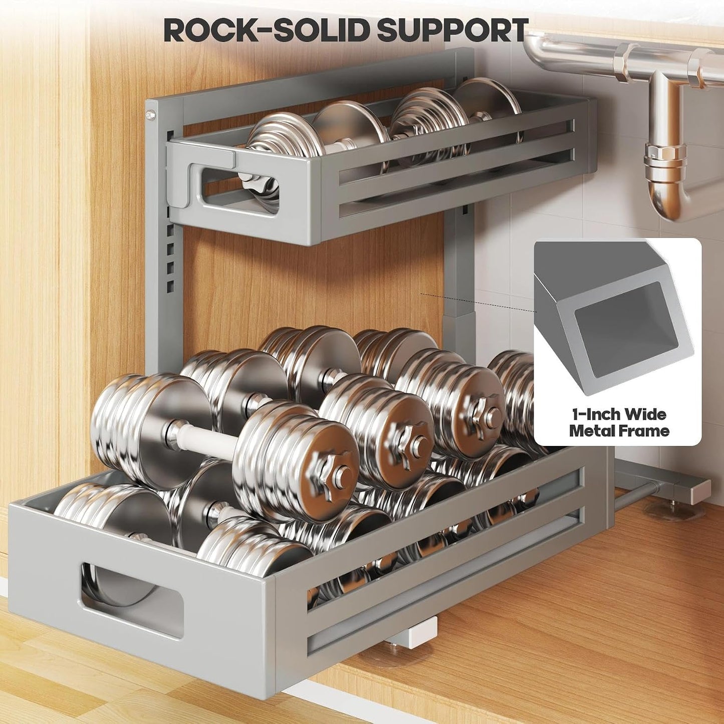 2 Pack Under Sink Organizer,Pull Out Cabinet Organizer with Smooth Cylindrical Rail,Metal Slide Out Drawer for Kitchen Bathroom Laundry Cabinet,8-Level Tool Free Height Adjustable-Black