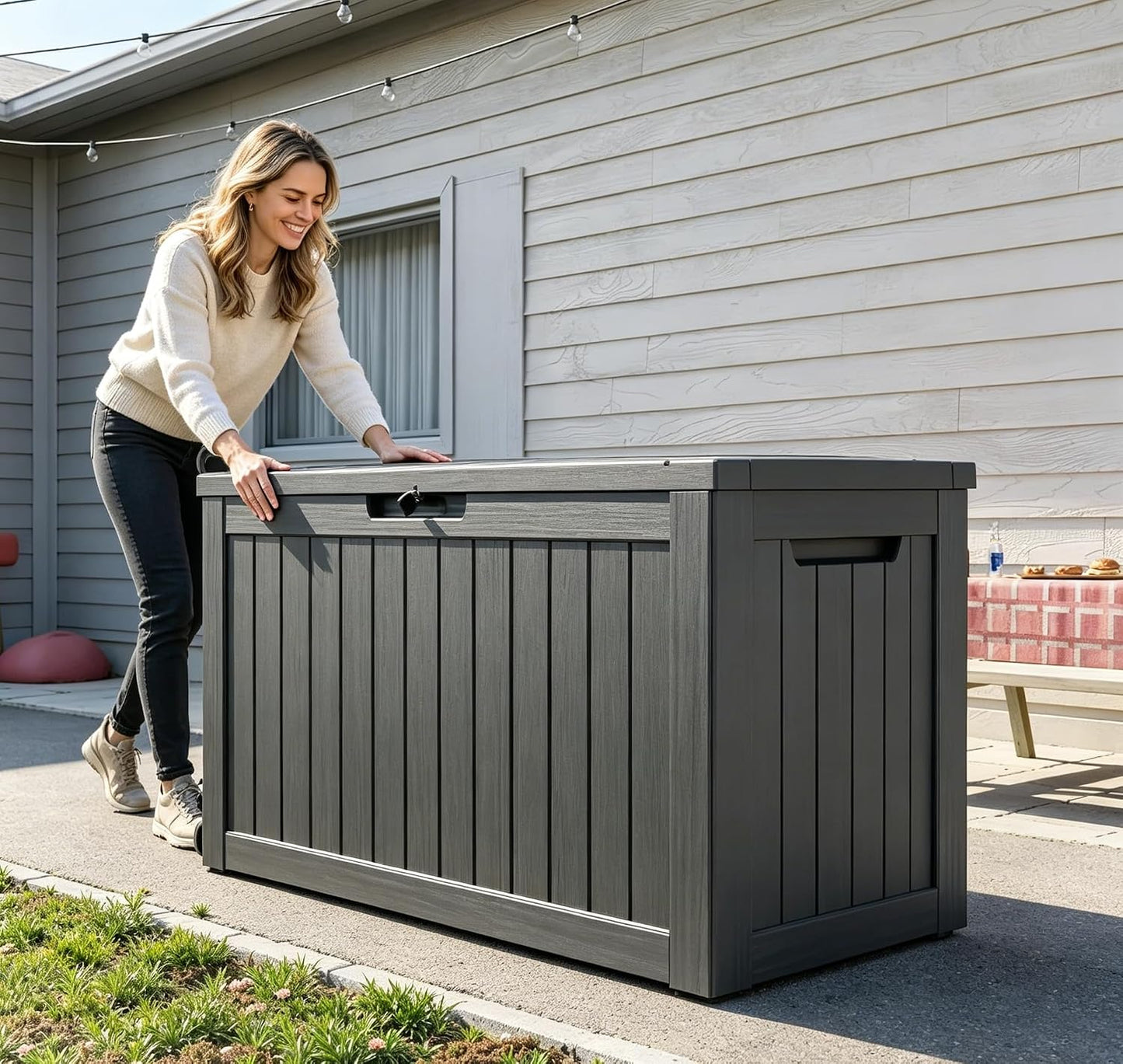LAUSAINT HOME 320 Gallon Resin Deck Box, Package Delivery Box with Lockable Lid, Waterproof Outdoor Storage Box For Garden Tools, Patio Cushions(320 Gallon,Black)
