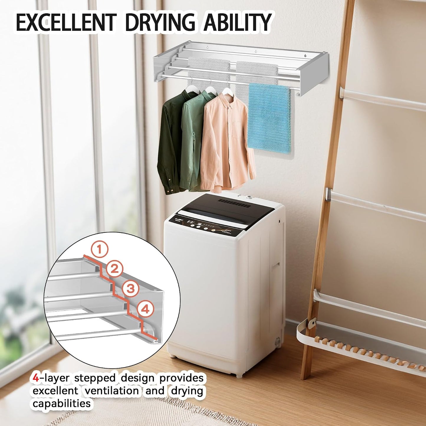 FOCHIER F Laundry Drying Rack Wall Mounted Clothes Drying Rack Collapsible with 5 Aluminum Rods and Drilling Template Long Screwdriver Bit 60 lbs Capacity (White, 31.5")