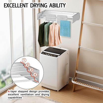 FOCHIER F Laundry Drying Rack Wall Mounted Clothes Drying Rack Collapsible with 5 Aluminum Rods and Drilling Template Long Screwdriver Bit 60 lbs Capacity (White, 31.5")