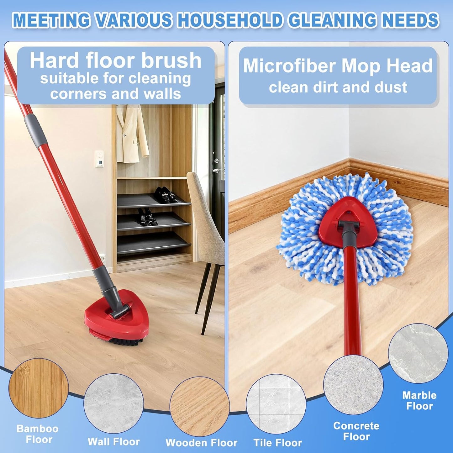 Mop Heads Replacements,Mop Handle,Scrub Brush,Base for Ocedar Rinseclean 2 Tank,Include 2 Microfiber Mops Replace Head,30-58" Adjustable Mop Stick,1 Scrubber Head,1 Spin Base,Bucket not Included