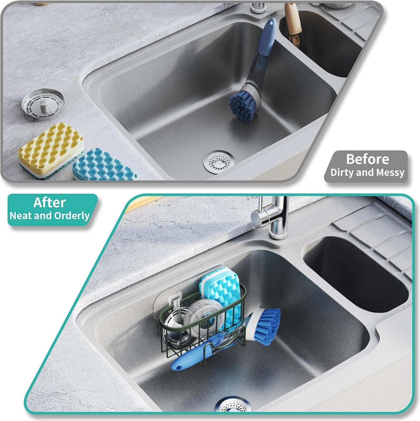 HapiRm Multifunctional Sponge Holder with Unique M-Shaped, 2 Installation Methods Kitchen Sink Caddy Organizer, Rustproof Stainless Steel Kitchen Organizers and Storage Essentials - Black