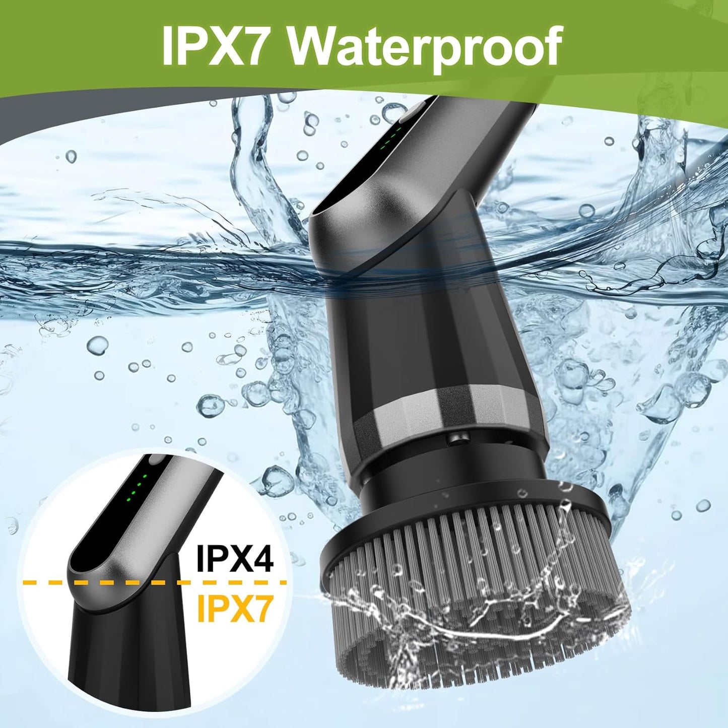 Electric Spin Scrubber, Cordless IPX7 Waterproof, Dual Speed Shower Scrubber with Adjustable Long Handle, 7 Replaceable Brush Heads for Tub and Floor, Bathroom, Kitchen, Window, Car