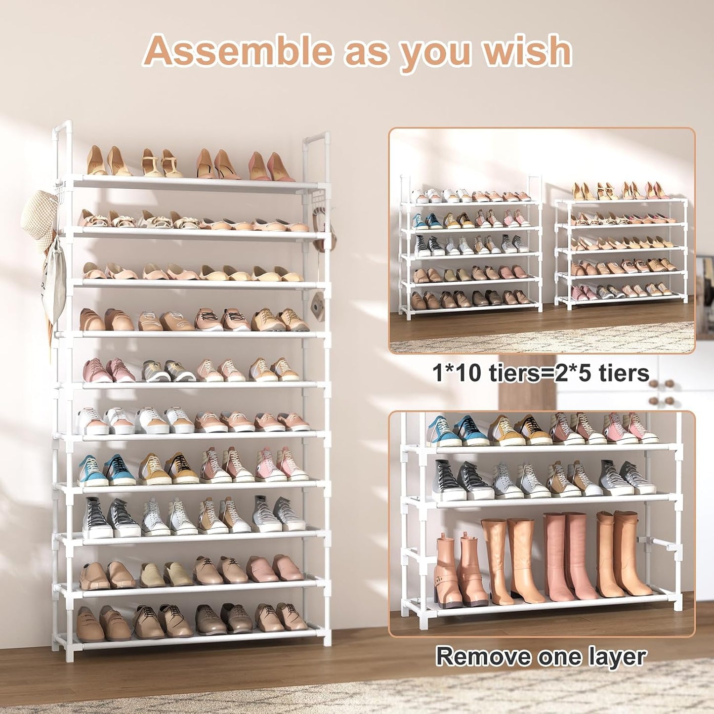 VTRIN 10 Tiers Tall Shoe Rack Holds 20-25 Pairs of Shoes Sturdy Vertical Shoe Organizer with 18pcs Hooks Stackable Narrow Shoe Rack for Closet, Entryway Black
